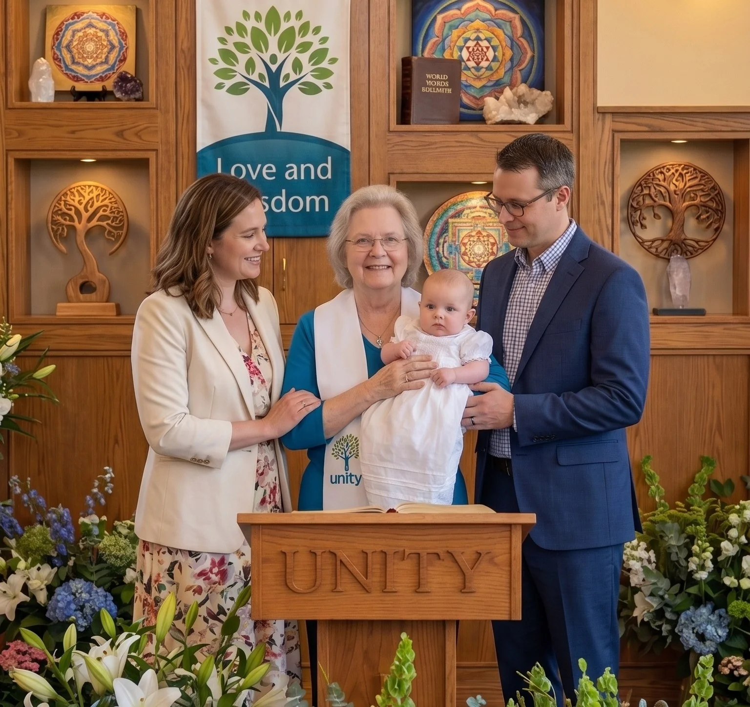 A minister holding a baby with parents in a warm Unity sanctuary