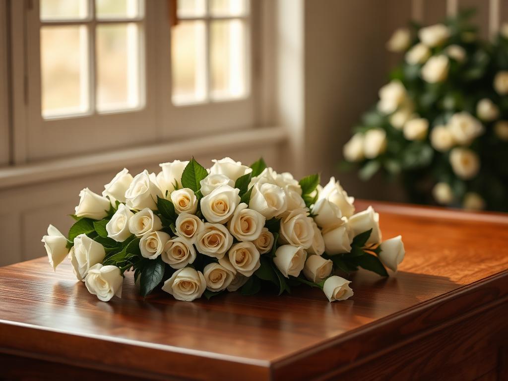 White roses resting on a casket in a softly lit room