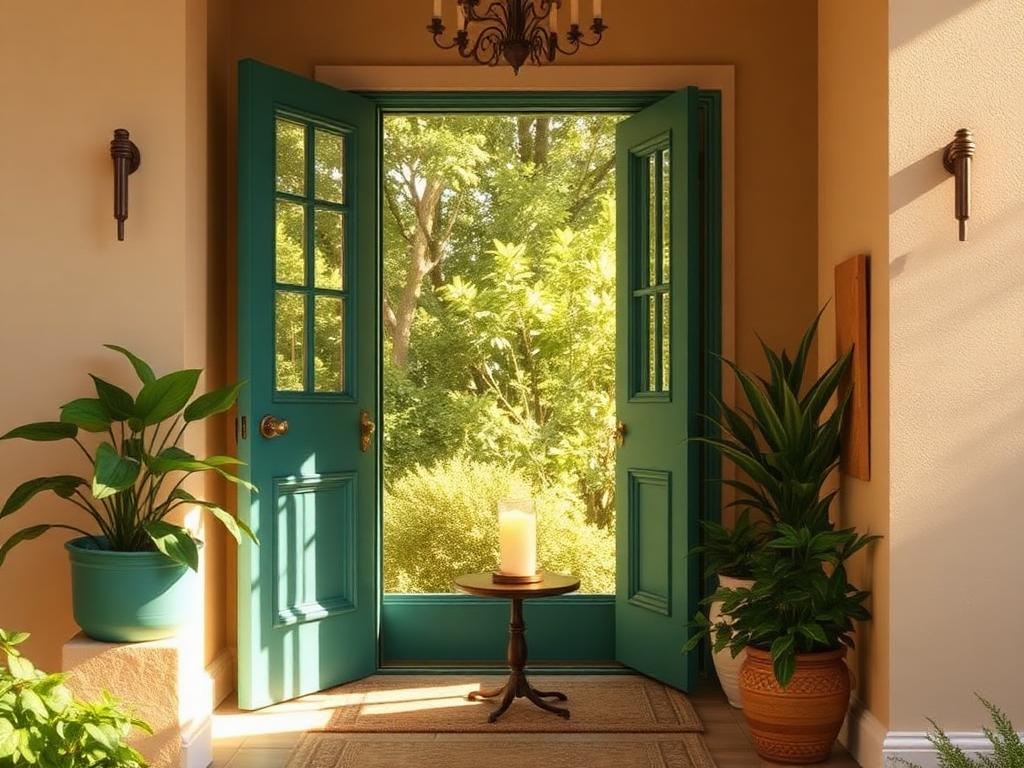 A welcoming sunlit home entrance with plants and a candle
