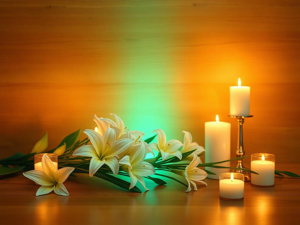 Glowing candles and white lilies in a peaceful memorial setting